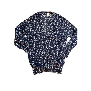 J Crew Navy‎ White Anchor Print Cardigan Sweater Women's Size S V Neck Button Up